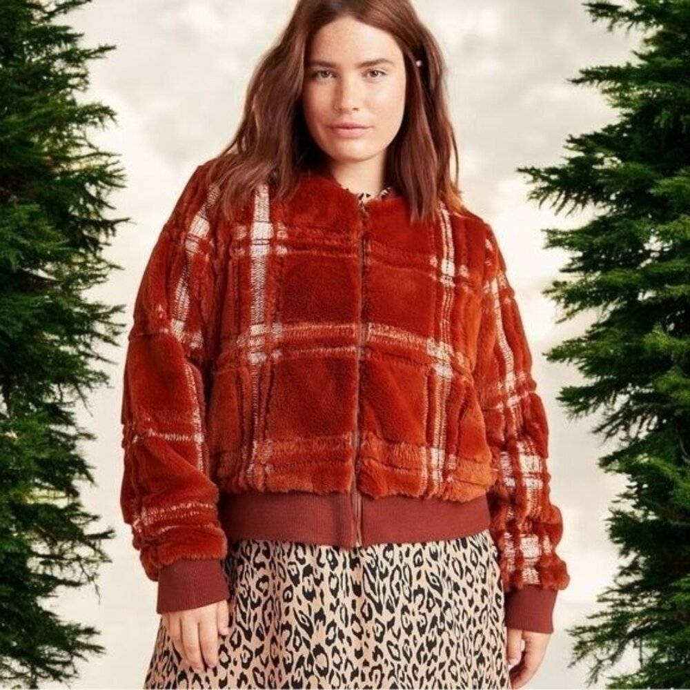 Anthropologie Plaid Teddy‎ Bomber Jacket Rich Rust Cozy Soft Cabin Holiday 1X
